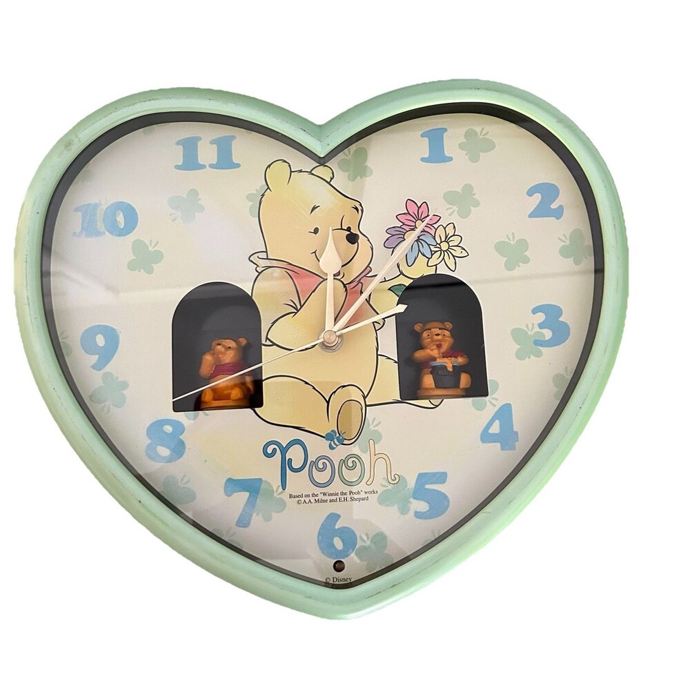 Vintage Winnie the Pooh Wall Clock Heart Shaped WORKS- NO MUSIC OR FIGURE MOTION